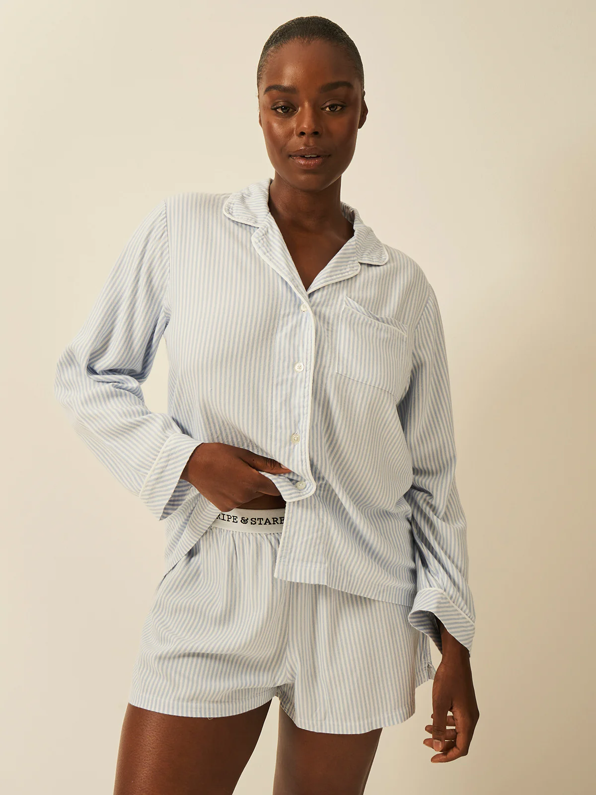 Soft Brushed Woven Pyjama Shorts - Blue Stripe - Image 6