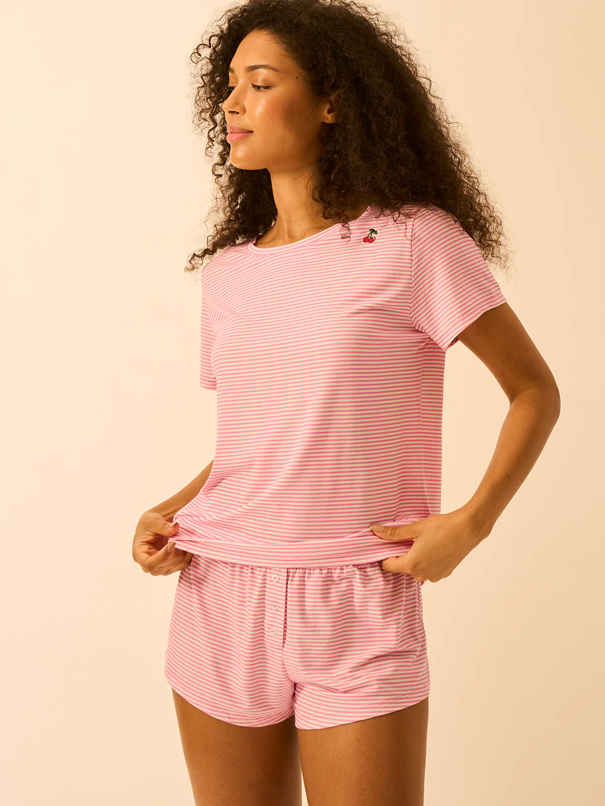 T-shirt & Short Pyjama Set- Cherry Roller Mini Stripe - Image 5